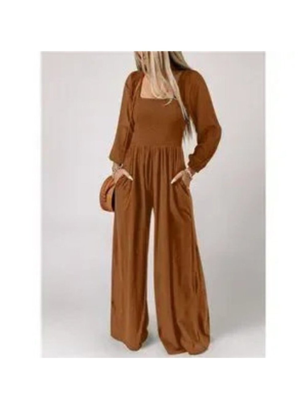 Women's Casual Loose Overall Jumpsuit Wide Leg Romper With Pocket, Coffee - Picture 2 of 6